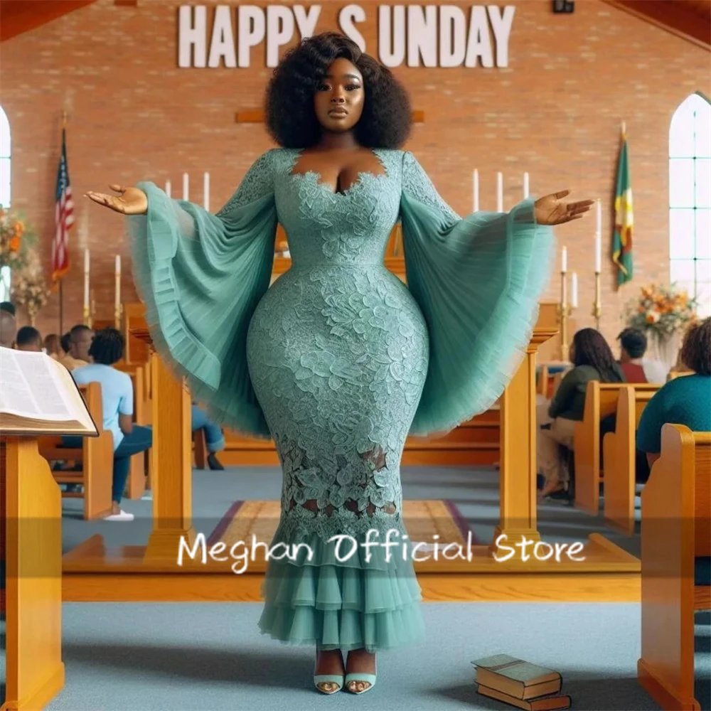 

Elegant Green Lace Prom Dresses Aso Ebi Style Party Dress Long Sleeve For Black Girls Plus Size Women Evening Gowns Customized