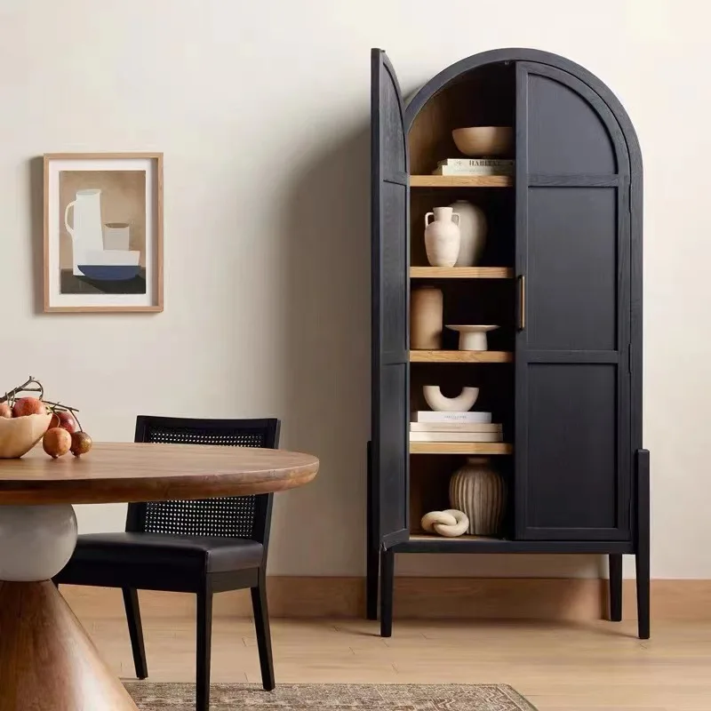 Solid wood wine cabinet old locker arched vertical cabinet black dining side cabinet
