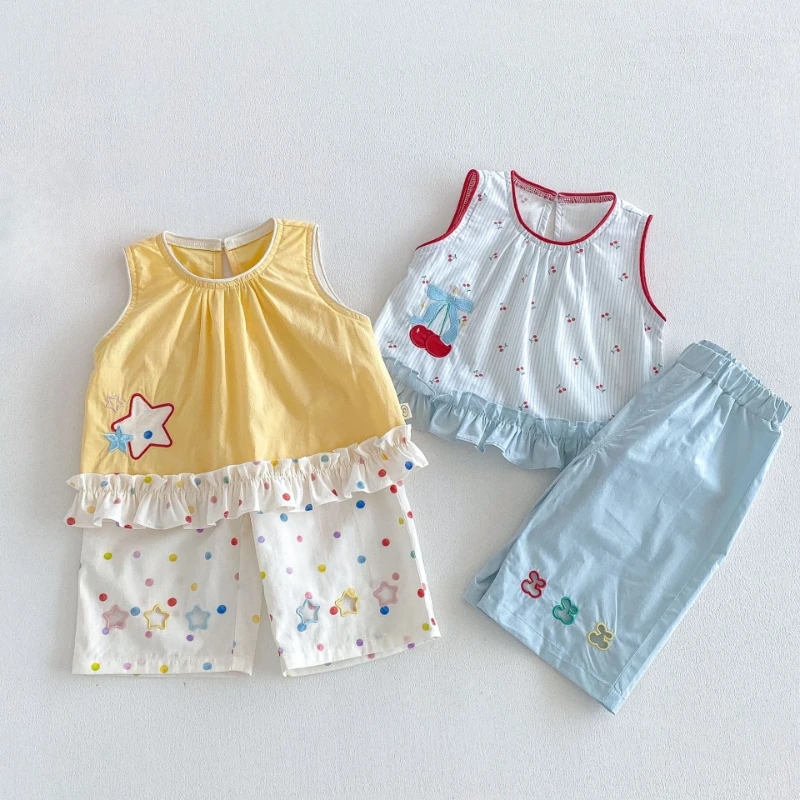 2026 New Summer Children's Hot Selling Item Stylish Cherry Star Sticker Pattern Vest and Shorts Two-piece Set