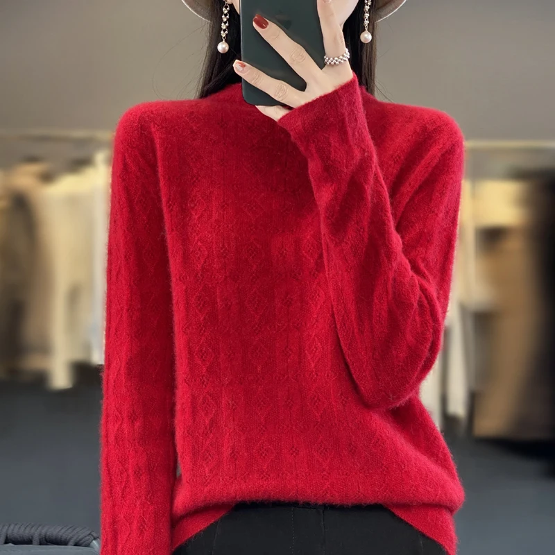 Female Temple Sweater 100% Merino Wool First Line Ready to Wear Hoodie Round Neck Knitted Women's Top Spring Autumn Thin Edition