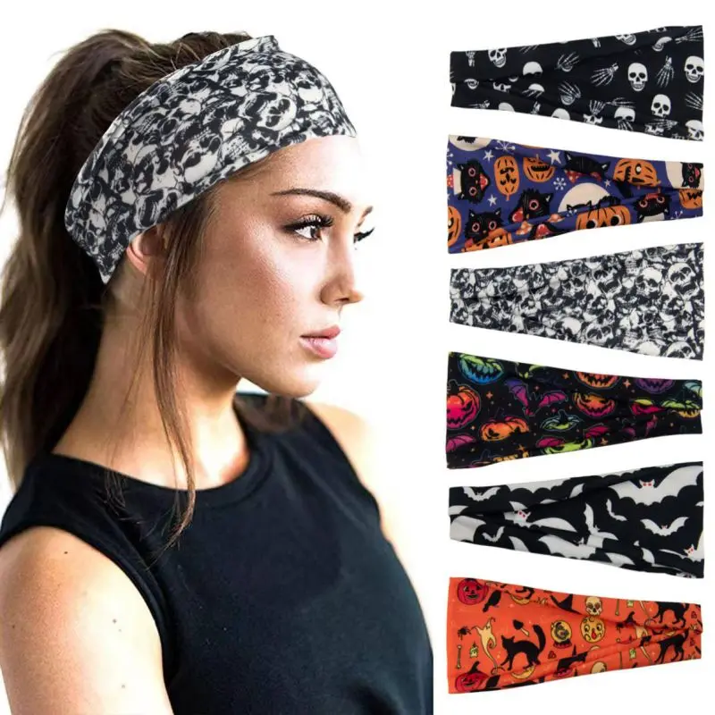 Halloween Pumpkin，Skeleton Spooky ，Bat Skull Headbands  ，Soft Elastic Hair Bands,  Running Cycling Hiking Yoga sport Headband