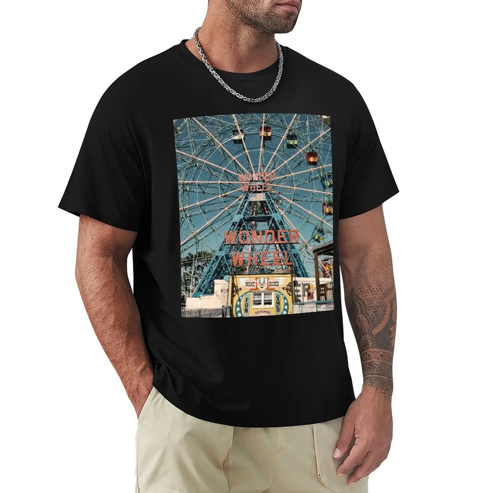 Coney Island, wonder wheel ferris wheel with vintage neon sign T-Shirt t shirts for man pack white T-Shirt