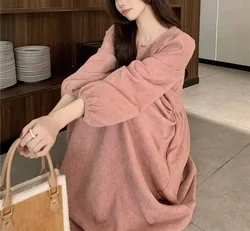 Autumn and Winter New Real Shot Korean Round Neck Corduroy Dress Women's Bubble Sleeves Loose Casual Skirt Long Dress