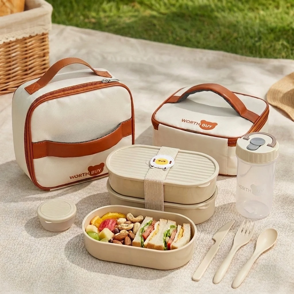 2Pcs/Set Reusable Plastic Lunch Box For Kids Students Oval Bento Box Microwave Safe Fruit Salad Food Container With Cute Strap