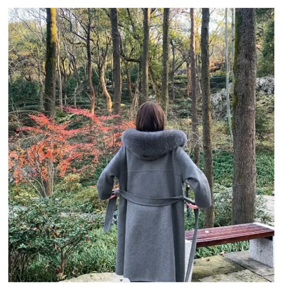 Natural Fox Fur Collar Hooded Cashmere Wool Blends Outerwear Real Fur Wool Coat Winter Jacket for Women Streetwear High Street