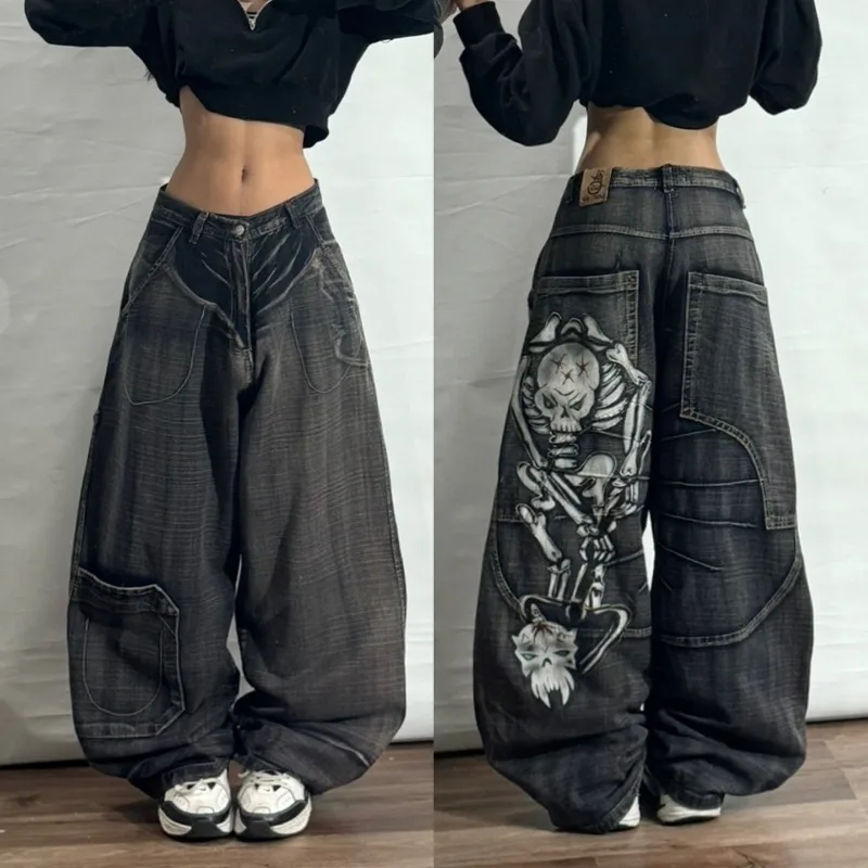 Y2K American New Fashion Oversized Printed Washed Black Baggy Jeans Women Gothic Harajuku Vintage Rock High Waist Wide Leg Pants