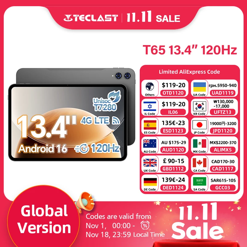 테클라스트 T65 태블릿 13.4인치 2K 120Hz 디스플레이 유니소크 T7280 옥타 코어 최대 26GB 램 128GB 롬 8000mAh 배터리 안드로이드 16 LTE 태블릿