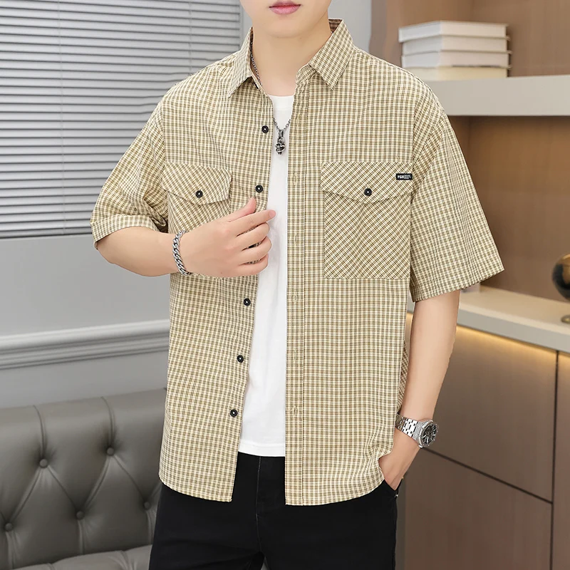 

Pure Cotton Casual irt Men's Faion ort Sve Loose Fit Plaid Summer Trendy f Sve irt Versatile Casual Haome