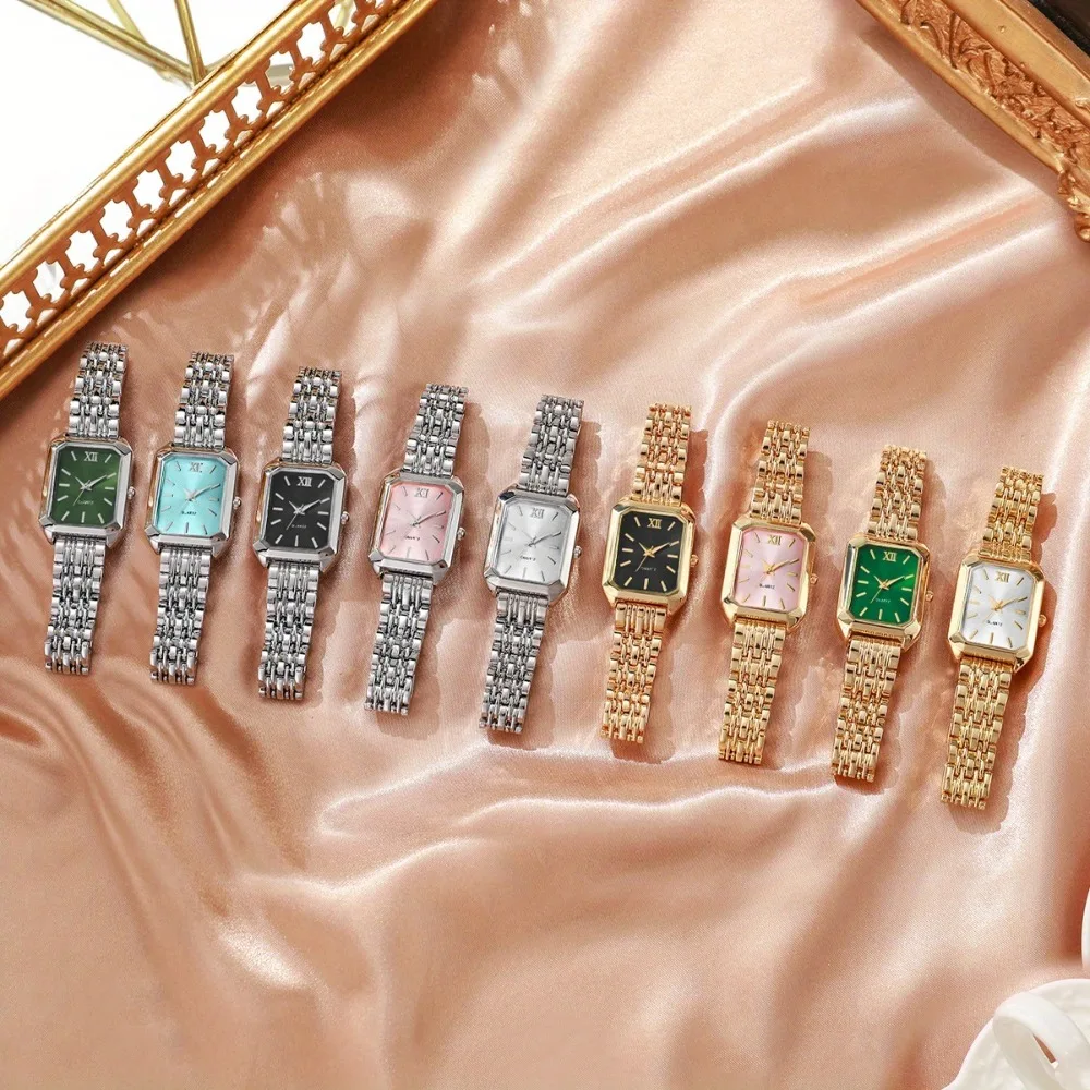 1pc Elegant Women's Quartz Watch | Classic Style, Roman Numerals, Square Dial, Alloy Band, Green & Pink Accents