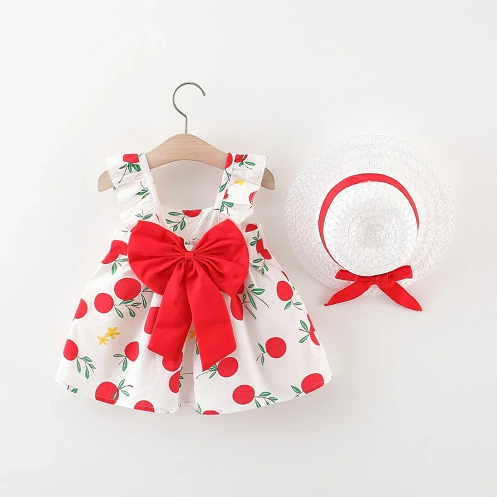 Clearance_Summer New Girls Dress + Hat  2-Piece Fruit Print Small Fresh Bow Halter Small Flying Sleeve Tmall Princess Dress_Cont image 5