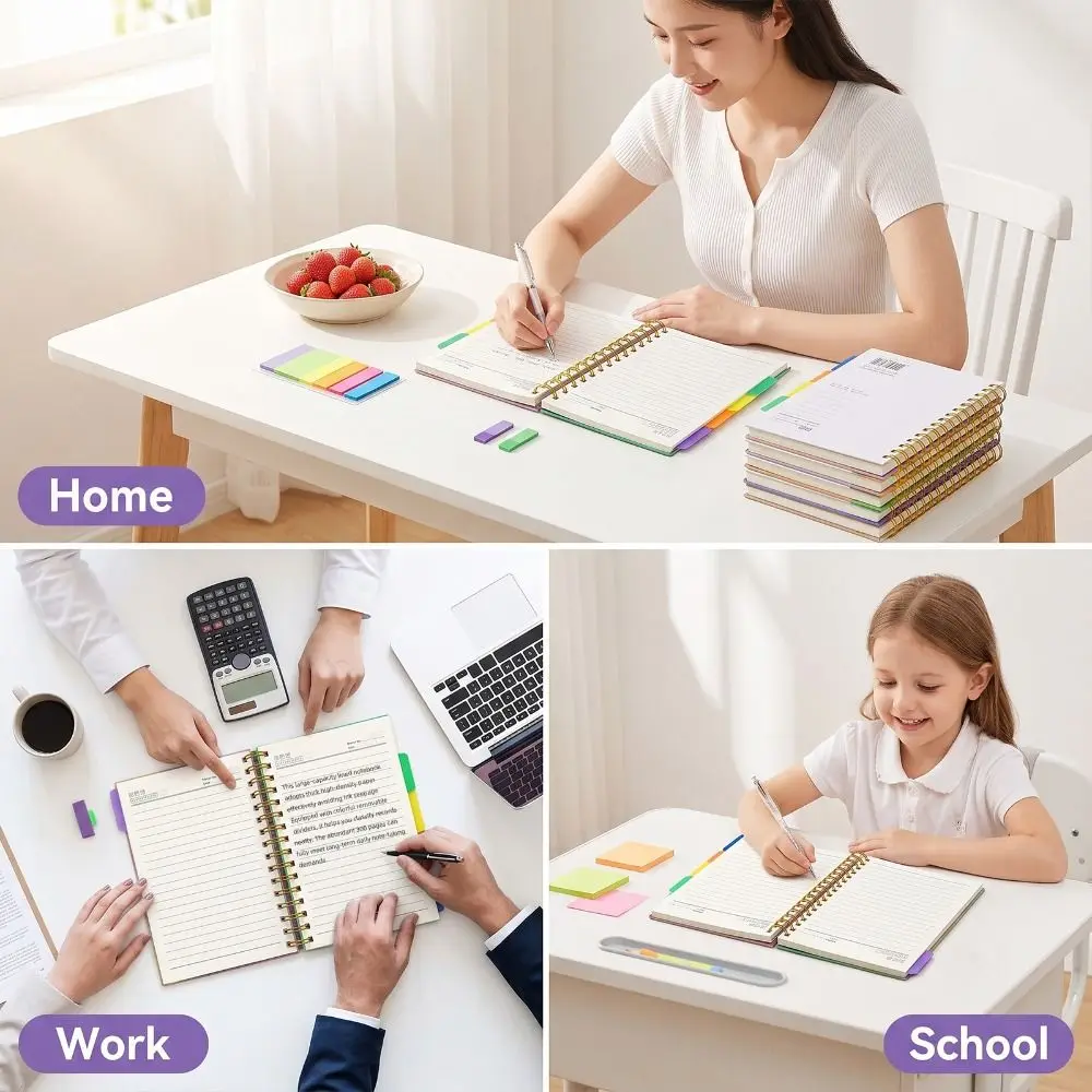 A5 Hardcover Spiral Notebook Removable Dividers 300 Pages Journal Notebook with Tabs Leather Cover Notebook College Ruled