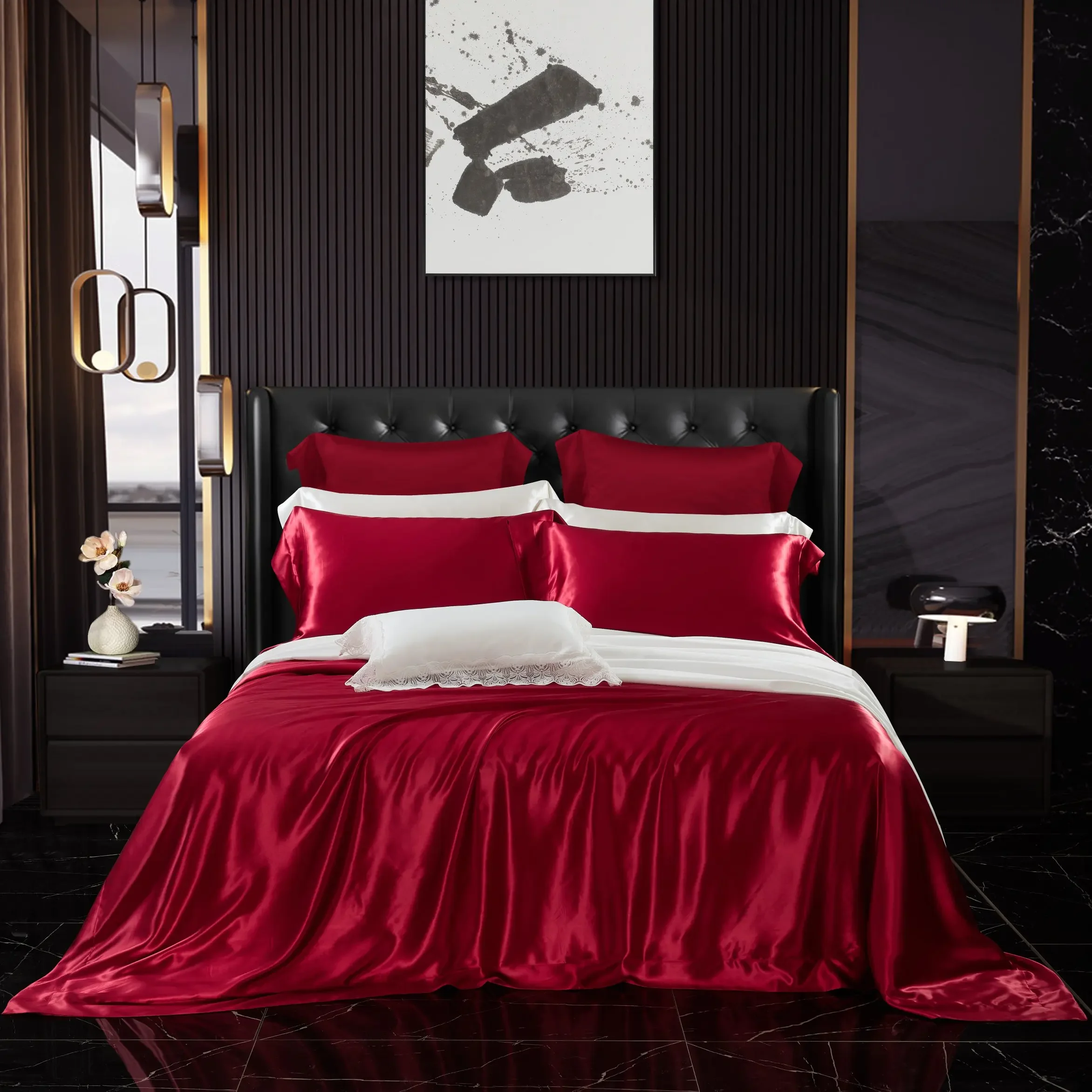 

High end luxury red 100% Pure Mulberry Silk duvet cover green king size bed sheet bedding sets supplier