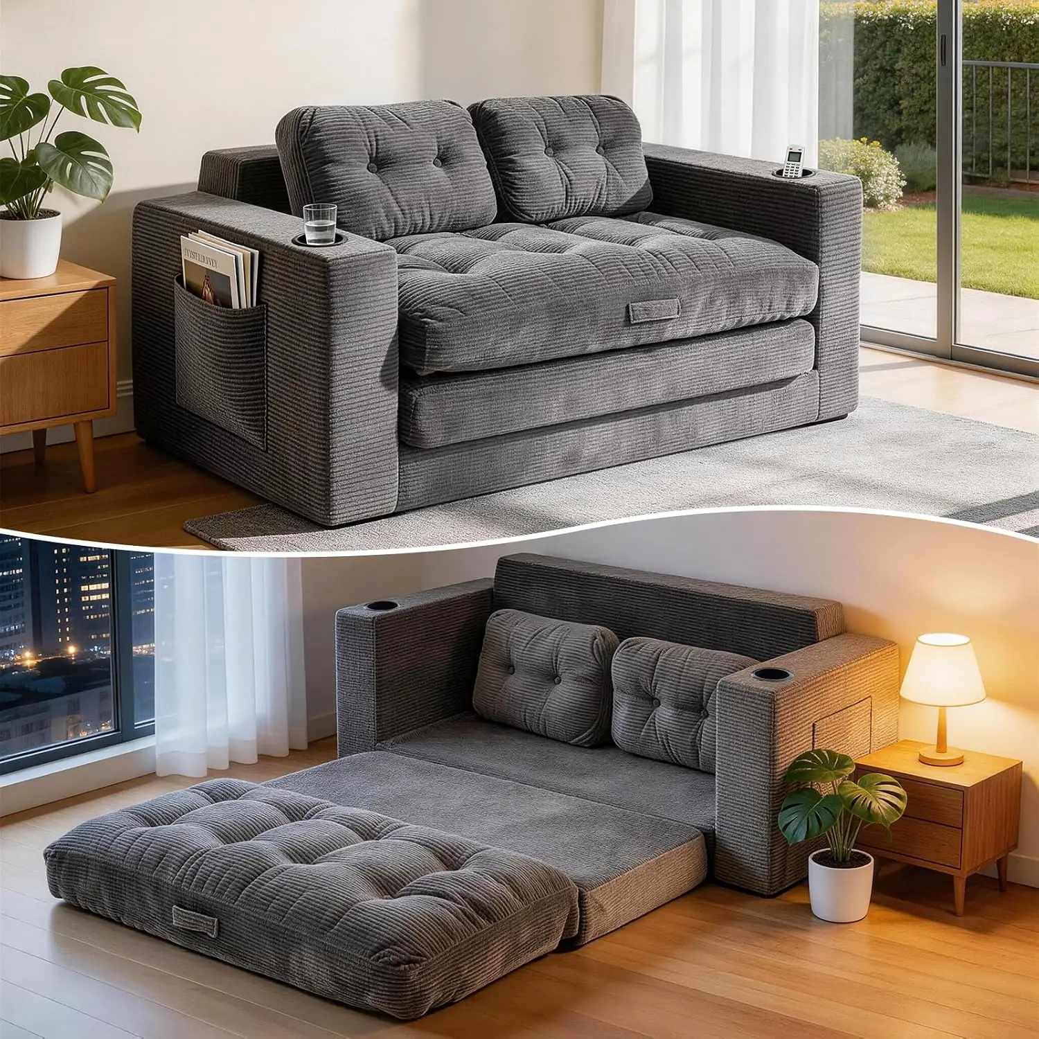 Loveseat Sleeper Sofa Bed, Boneless Convertible Corduroy Pull Out Couch with Cup Holders and 2 Pillows, Space, Customized