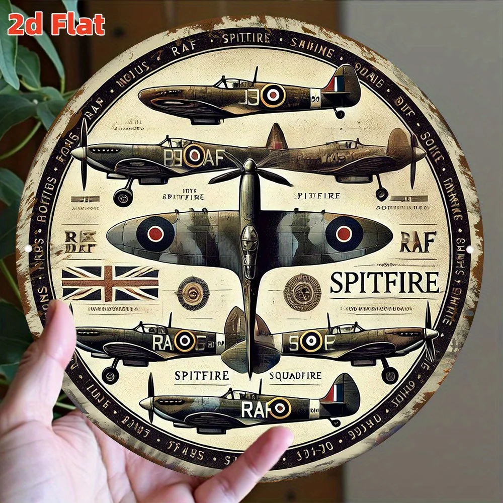 لوحة فنية جدارية مسطحة ثنائية الأبعاد لطائرات الحرب العالمية الثانية RAF - لافتة معدنية مستديرة من الألومنيوم مقاس 20 سم مع إطلاق النار والإعصار والبعوض - متينة #4