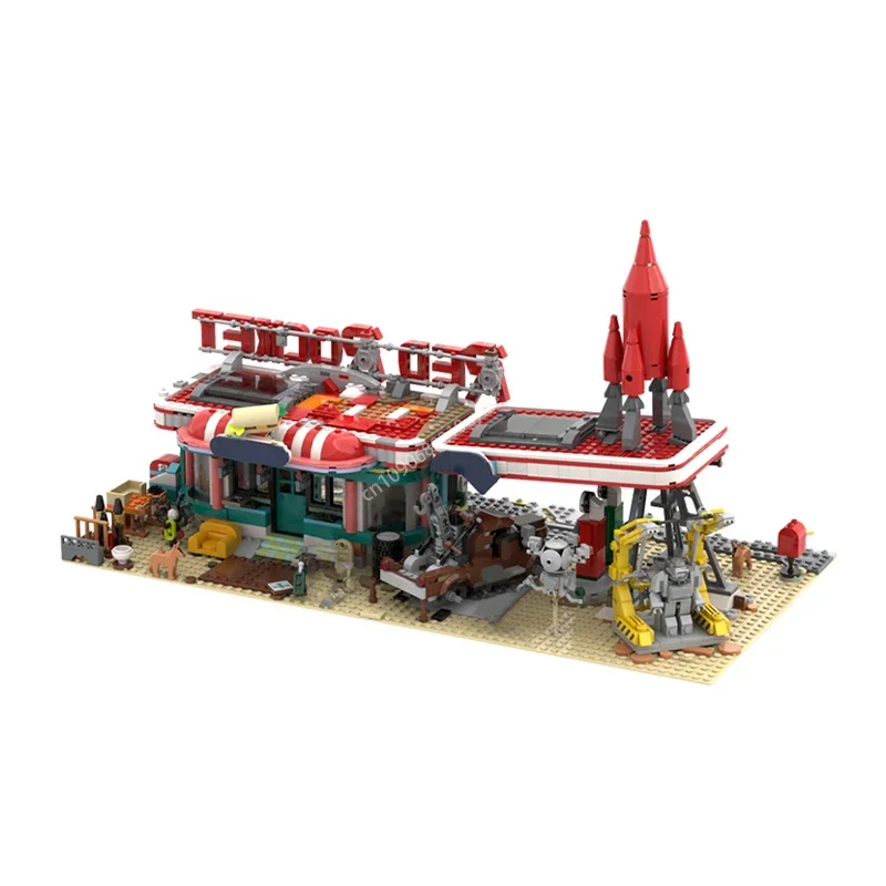 MOC The Red Rocket Filling Station Modular Building Blocks Bricks Toys Game Gas Stop DIY Street View Model for Kids Adult Gift