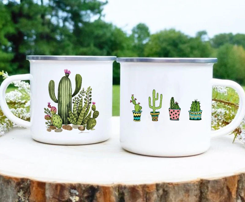 Tropische Planten Cactus Print Emaille Creatieve Koffie Thee Water Melk Kopjes Zomer Camping Mokken Handvat Drinkware Vakantie Mok Geschenken