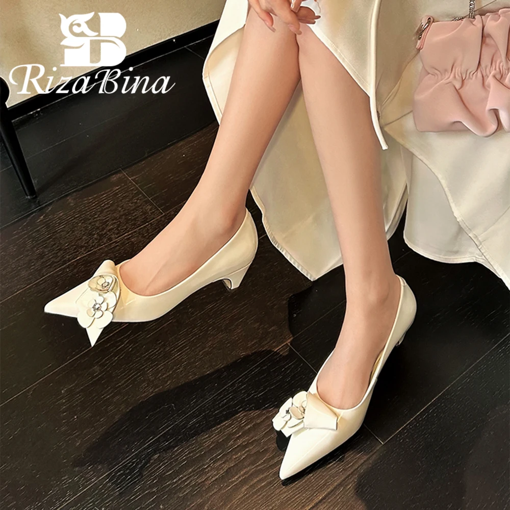 

RIZABINA Genuine Leather Women Pumps Pointed Toe Flower Design Low Heels Shoes Ladies Slip On Dress Party Daily Shoes Handmade