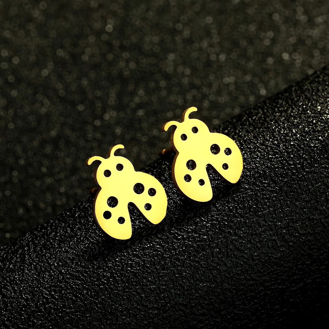 QIAMNI Fashion Cute Animal Stainless Steel Ladybug Insect Stud Earrings for Women Men Ear Jewelry Birthday Gift Accessories