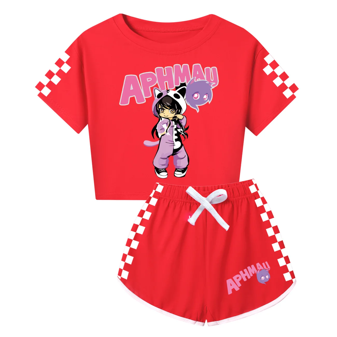 Kawaii APHMAU TShirt Kids Short Sleeve Tops Shorts Two-piece Set Baby Girls Running Sportswear Children Training Fitness Clothes