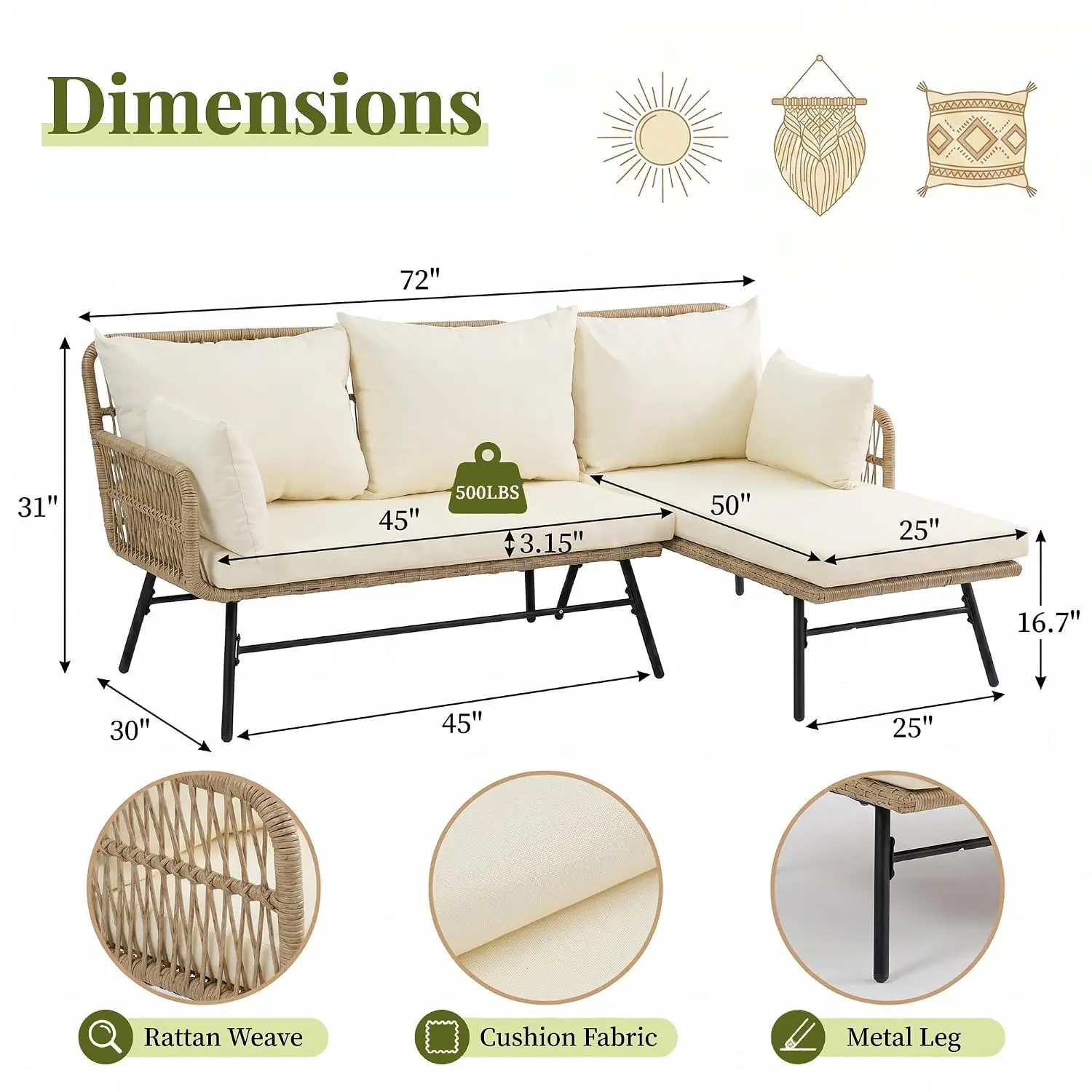 Detail view of metal leg construction and cushion fabric of outdoor sectional sofa