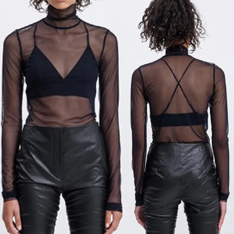 See Through Top Women Korean Sweet Sexy Spicy Girl Solid Color Fluorescent Mesh Lace Long Sleeve Ice Silk Sunscreen T-Shirt