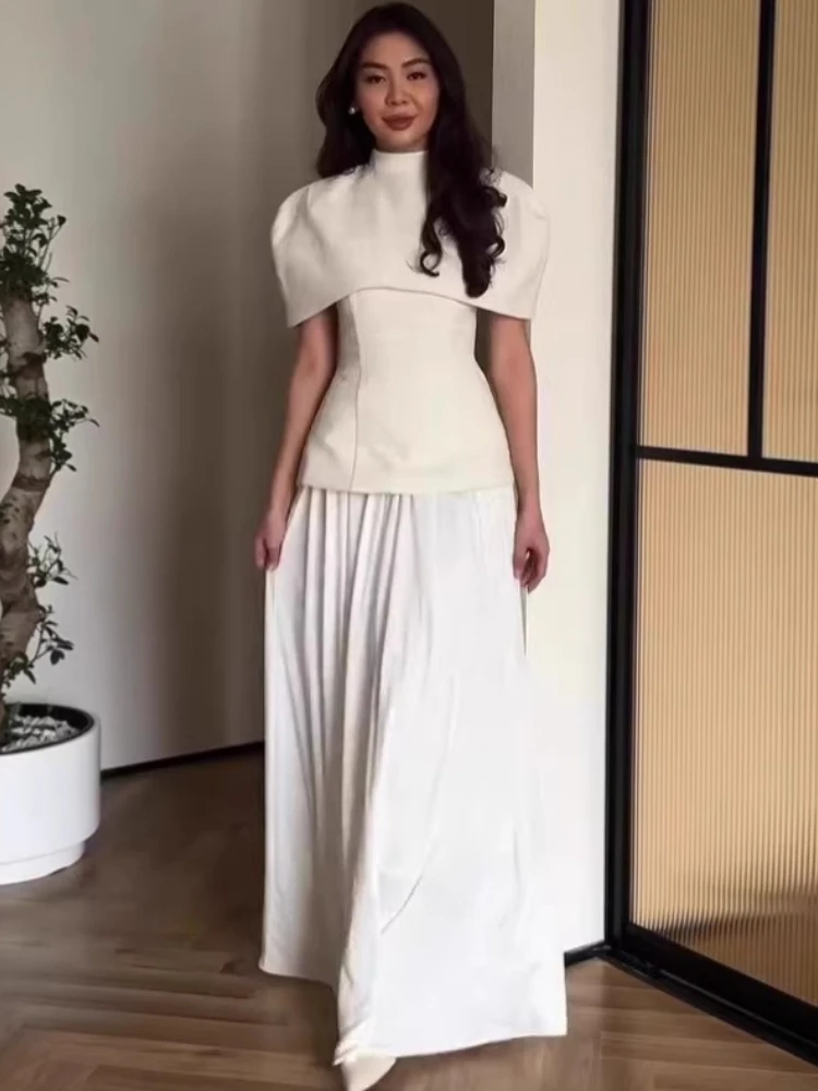 Short Sleeved Cape Style Top, White Long Skirt, Simple New Chinese Autumn Set Dress, Evening Dress, Light Luxury 2-piece Set