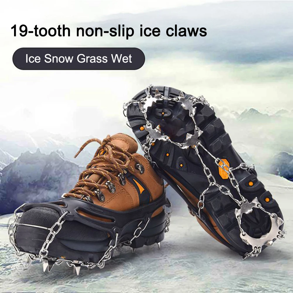 19 Teeth Bundled Crampons Anti-Slip Snow Claw Shoe Covers with Grips Chain Spike Snow Ice Climbing Steel Shoe Hiking Accessories