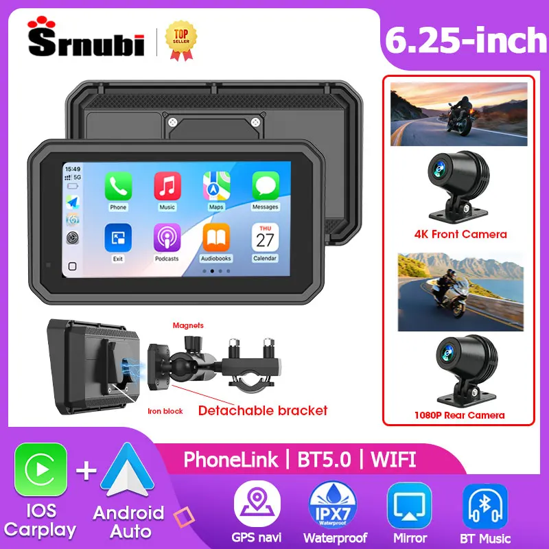 

Srnubi 6.25" Moto DVR GPS Motorcycle Navigator 4K Front +1080P Rear Cam Wireless CarPlay Android Auto Touch Screen Motorbike