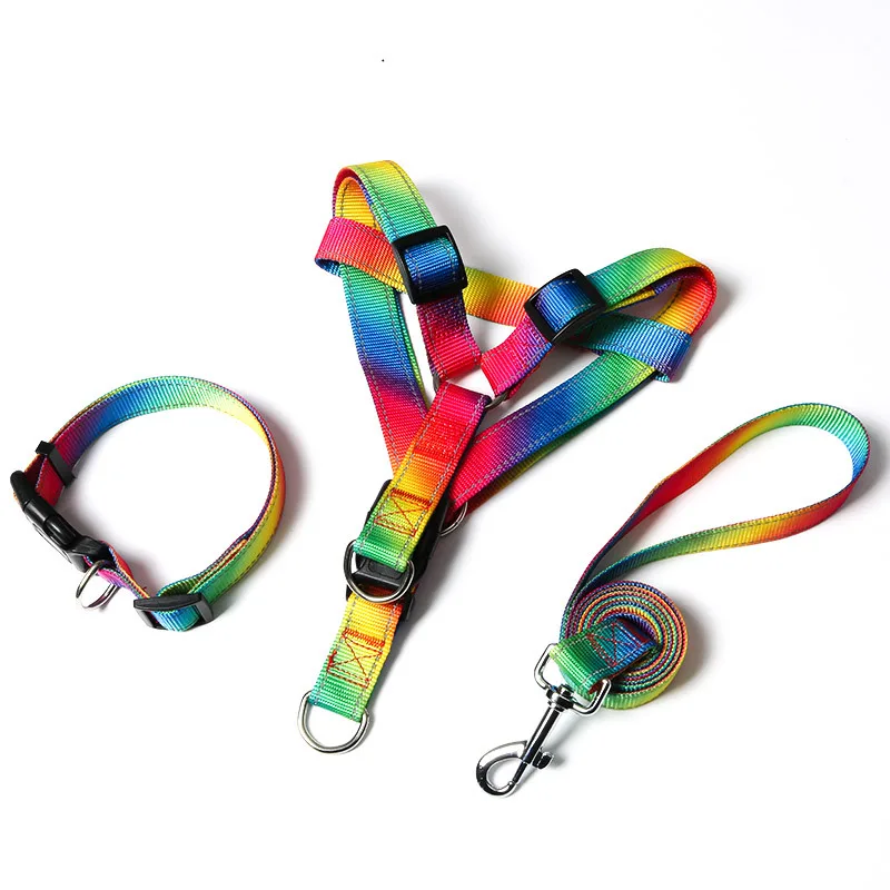 Zhenjia Rainbow Colorful Dog Harness Set Reflective Pet Dog Collar and Leash Set Luxury Adjustable No Pull Dog Harness Vest