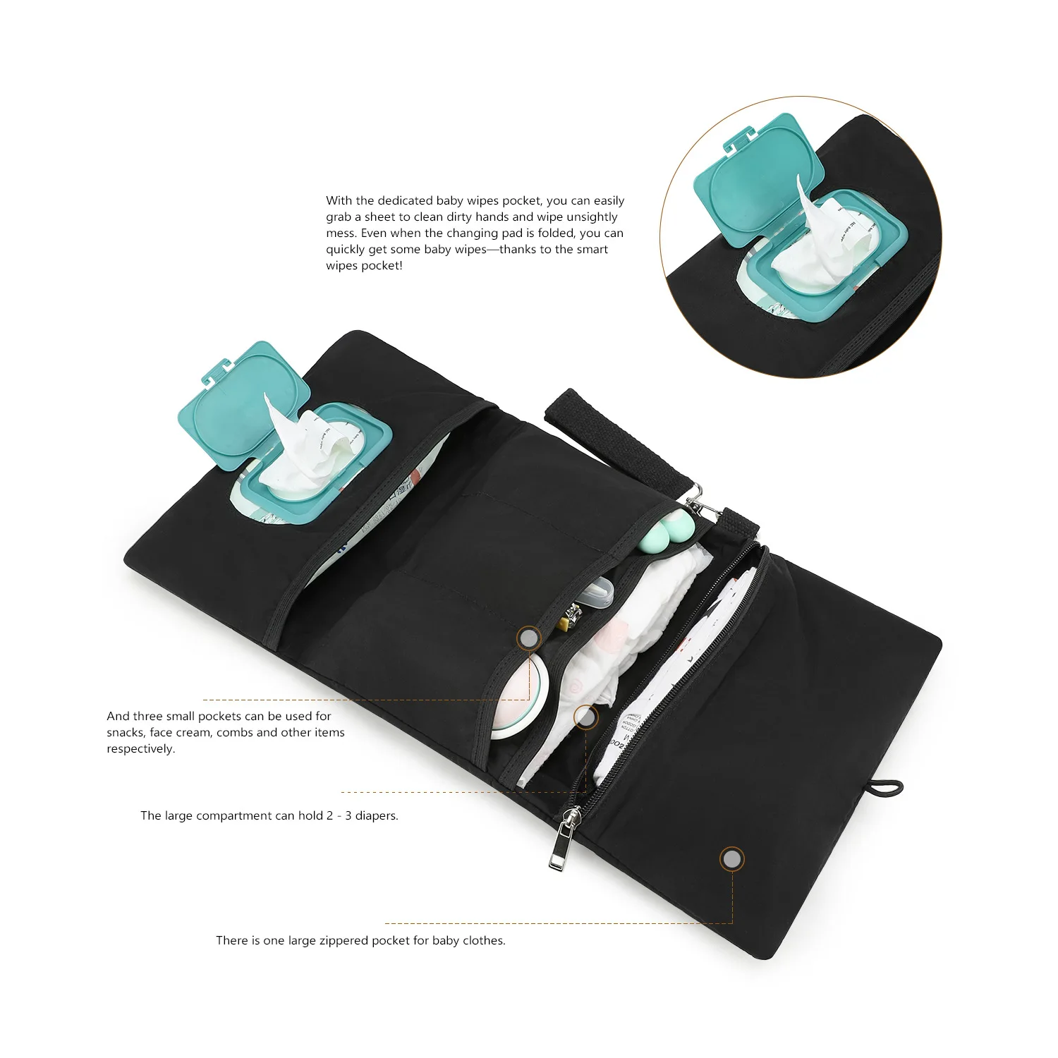กระเป๋าจัดระเบียบผ้าอ้อมแบบพับได้พร้อมห่วงแขวน - กระเป๋าเก็บของสำหรับเดินทางแบบหลายช่องสำหรับผ้าอ้อม ผ้าเช็ดทำความสะอาด และของใช้จำเป็นสำหรับคุณแม่