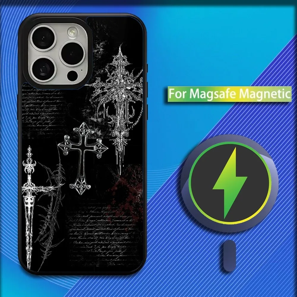 Cool Cyber Sigil Cross Phone Case For iPhone 16,15,14,13,12,11,Plus,Pro,Max,Mini Magsafe Magnetic Wireless Charging