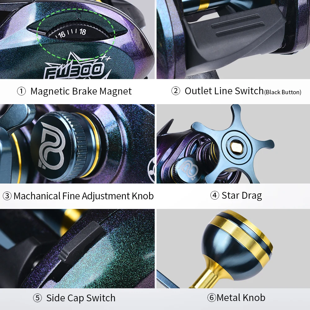 Proberos Baitcasting-Rolle – Metall-Hauptachse und -Knauf, 17,6 LB maximale Bremskraft, 5+1BB, 7,2:1 Übersetzungsverhältnis, glatt und langlebig – Detail 7
