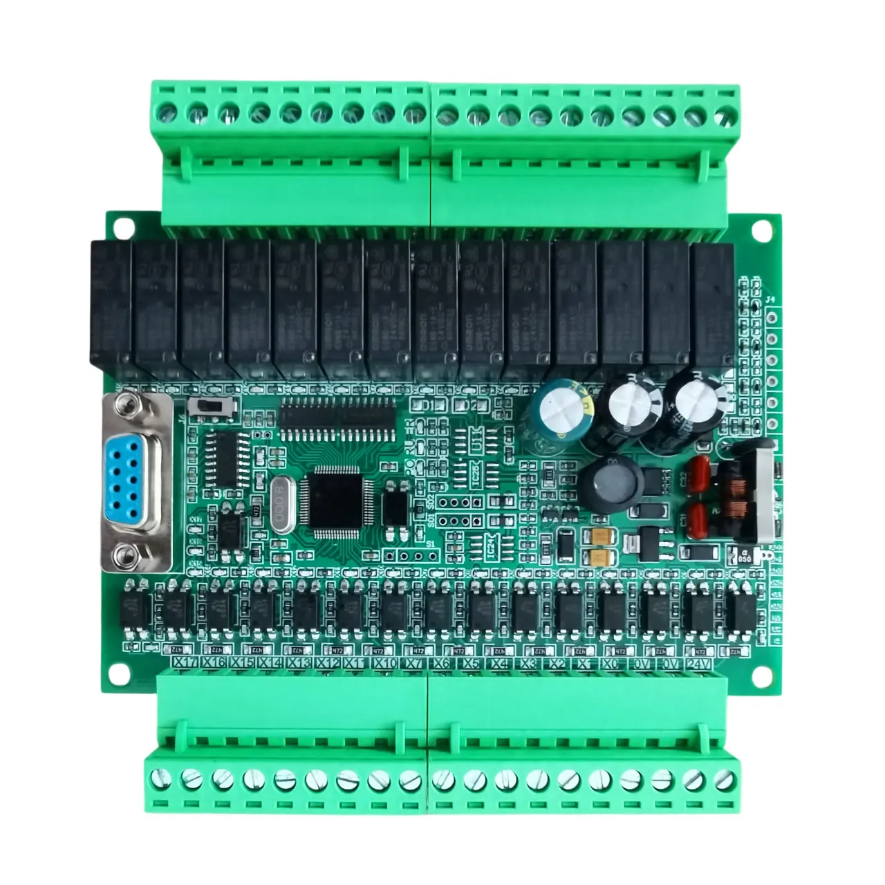 PLC controller FX2N-30MR with 16 inputs, 14 outputs, DC24V power, RS232 communication. Supports GX works2, GX developer