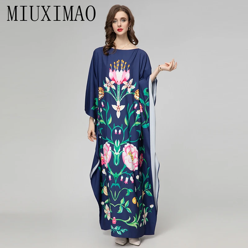 

MIUXIMAO 2024 High Quality Plus Size Dress O-neck Batwing Sleeve Maxi Dress Women Flower Print Diamonds Kaftan Long Dress