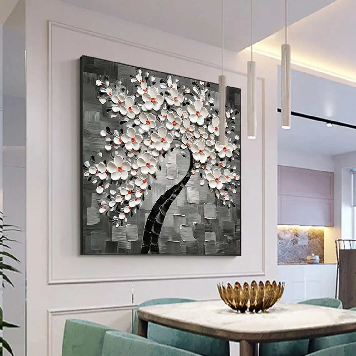 Large White Cherry Flower Oil Painting Hand Painted Canvas Abstract Textured Floral landscape Modern Living Room Wall Tree Art