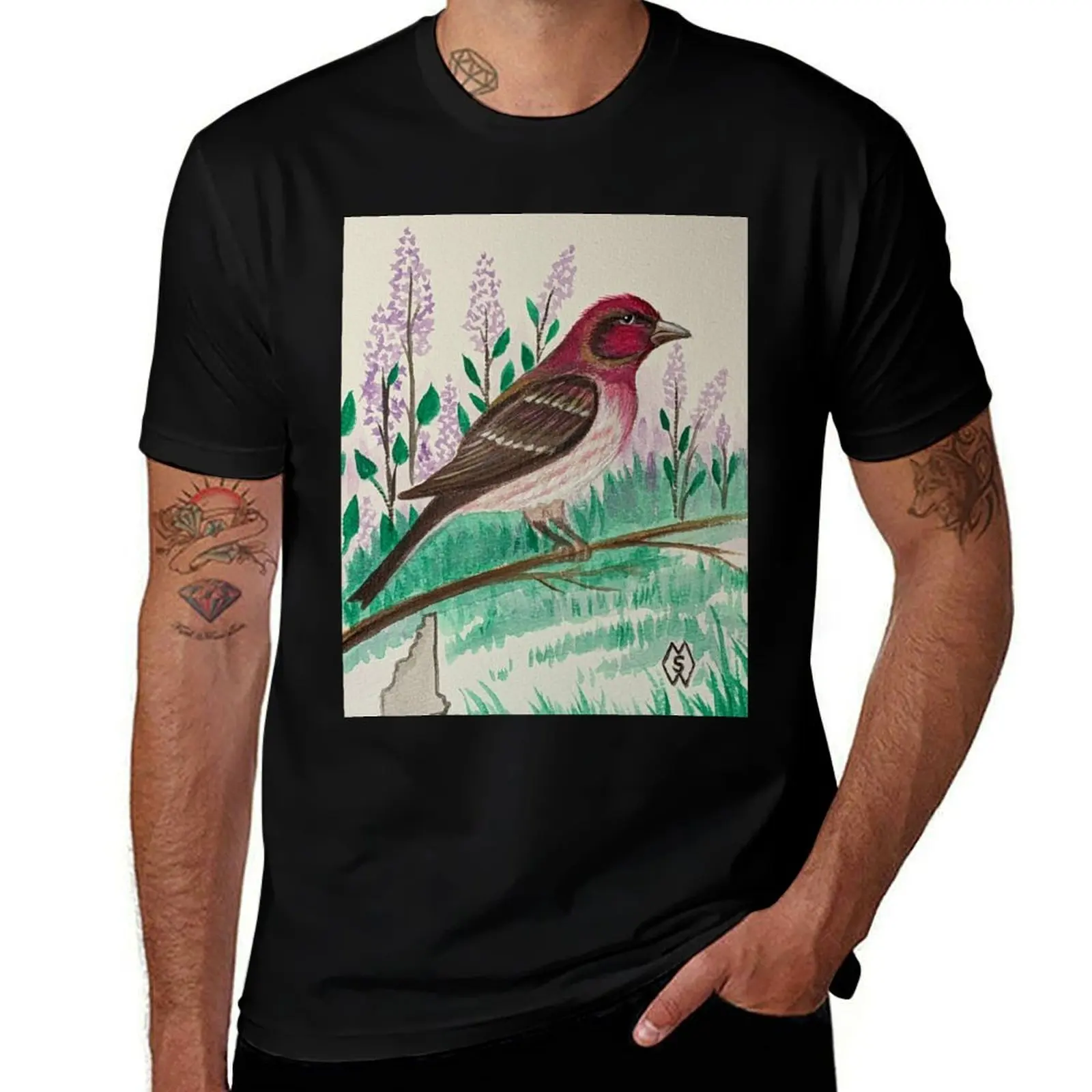 New Hampshire state bird and flower, the purple finch and purple lilac T-Shirt Durable Work Wear T-Shirt