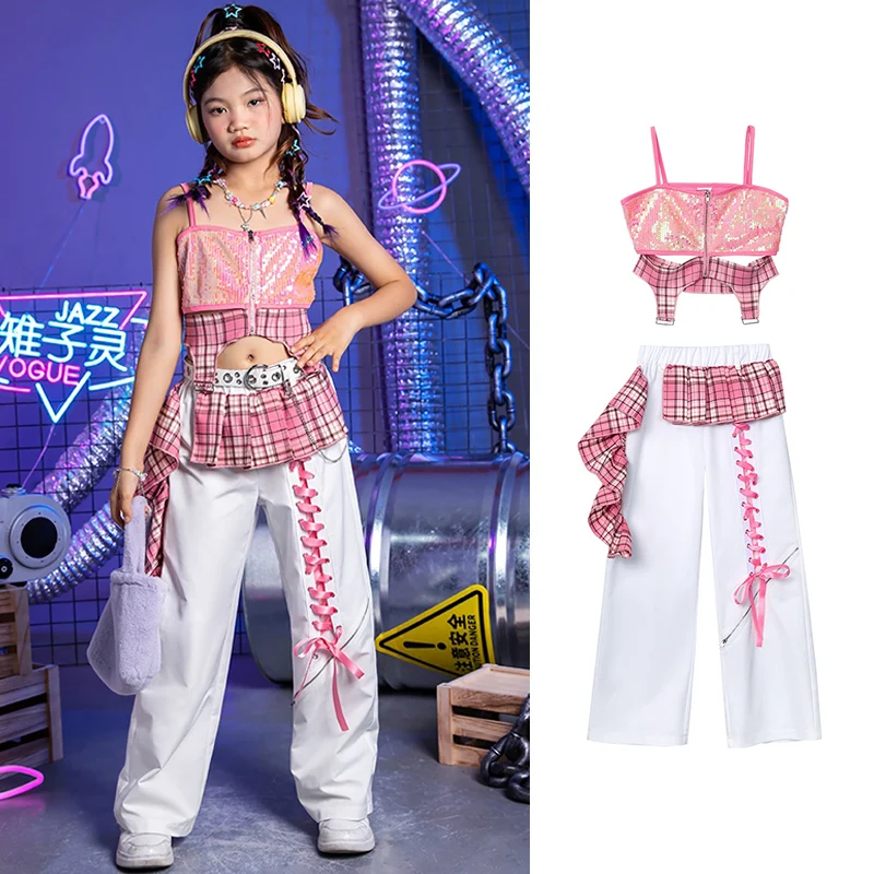 

Pink Sequins Hip Hop Dance Clothing Kpop Jazz Dance Outfit Girls Street Dance Performance Outfit Birthday Party Clothes YS5229