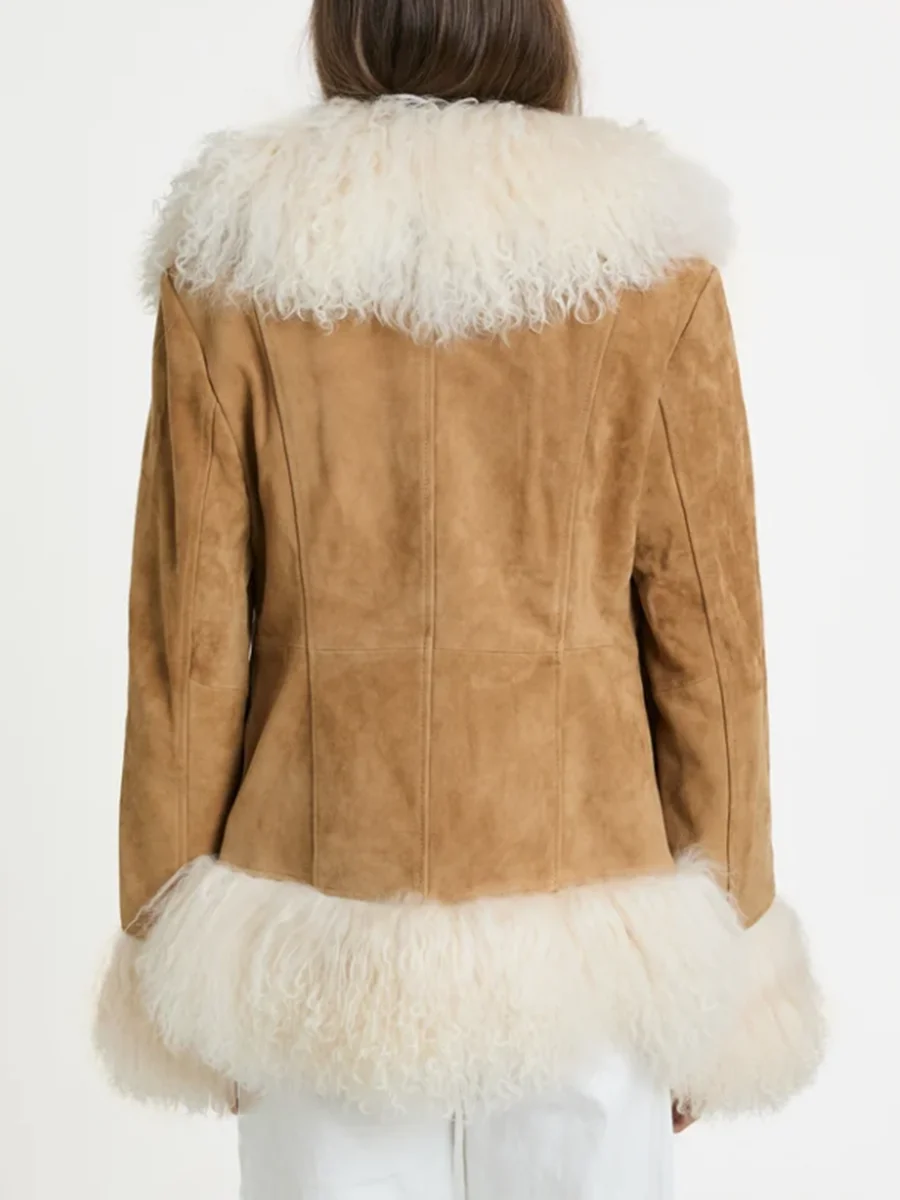 LIMO 2026 New Ladies Short Faux Suede Coat Curly Faux Fur Trim Warm Winter Outerwear