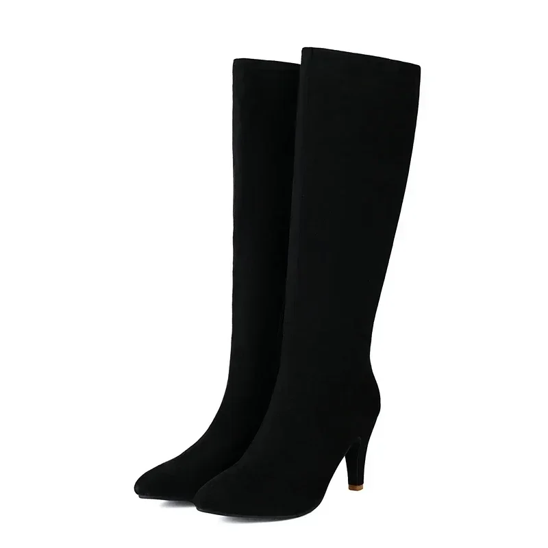 

Cheetah Leopard Sexy Animal Print Knee-high Stretch Boots Zipper Up Spike High Heels Big Size 45 46 47 Pointed Toe Women Shoes