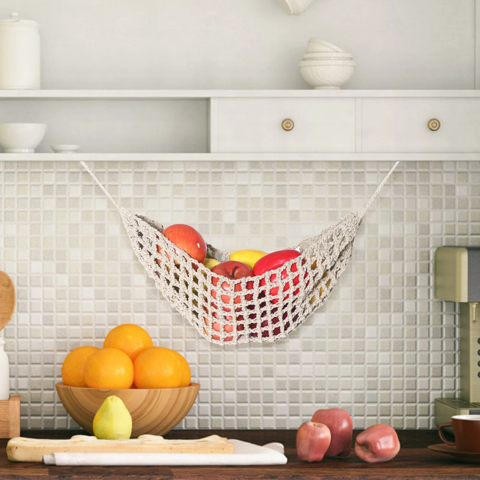 Hand-Woven Macrame Vegetable Hammock Net Under Cabinet Fruit Han ging Basket Kitchen Storage Organizer Ha ng MiniTapestry Decor