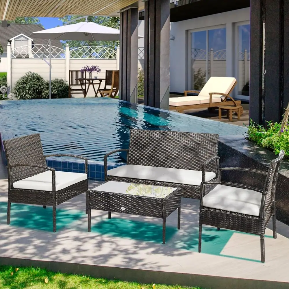 Set da conversazione in vimini PE per interni ed esterni da 4 pezzi con sedie, divano a due posti, cuscini, tavolo in vetro per cortile, prendisole, piscina,