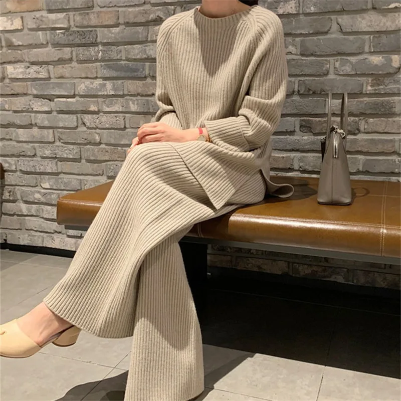 

Women's Knitted Pant Sets Fashion Casual Solid Color Pullover Slit Sweater Wide Legs Trousers Two Piece Set Female Autumn Winter