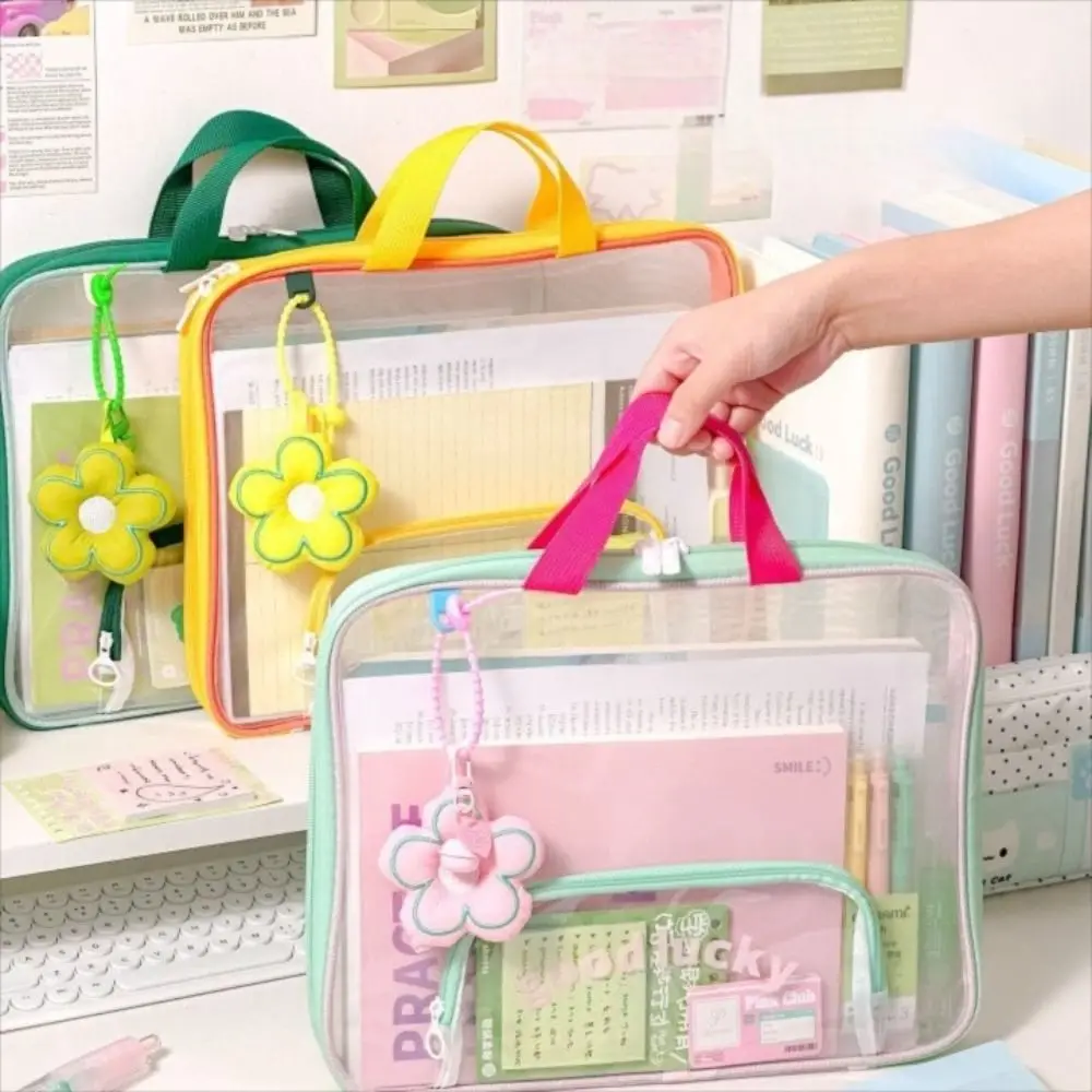 Portable Mesh A4 File Bag Large Capacity Transparent Document Bag with Handle File Organizer School Supplies