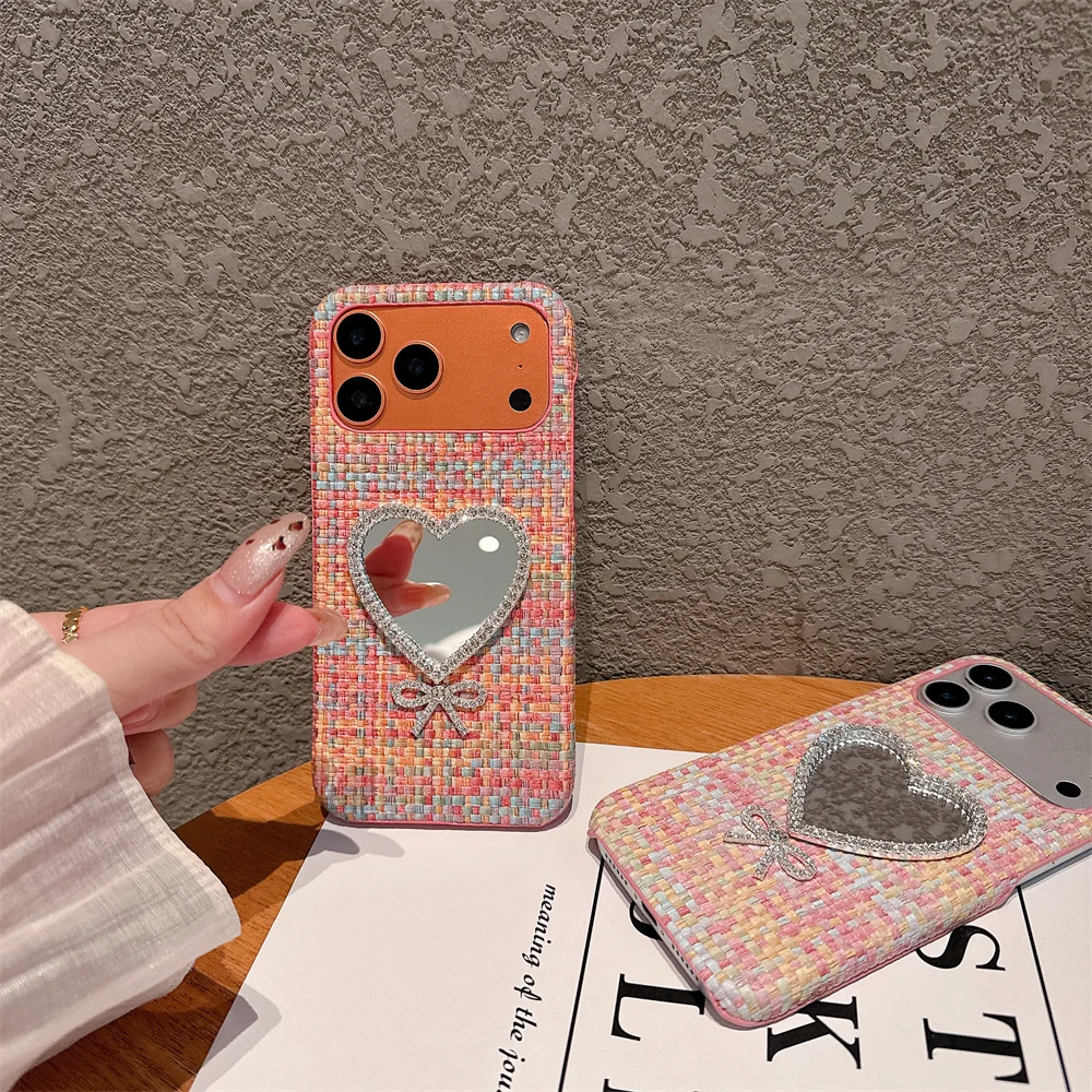 

17 Pro Max Elegant Sparkly Rhinestone Heart Bow Mirror Phone Case for iPhone 16 15 14 13 Pro Fashion Tweed Texture Protect Cover