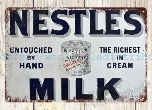 1930 Nestlé Milk lácteo metal estaño cartel nostálgico rústico publicidad pared arte