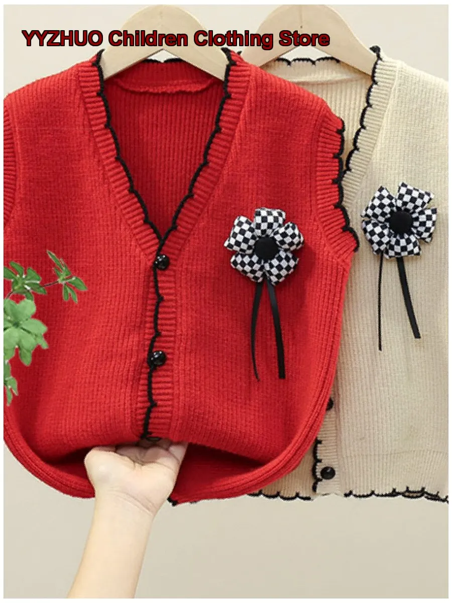 Girls Knit Vest Cardigan Spring 2026 Children Outerwear Sleeveless Top Kids