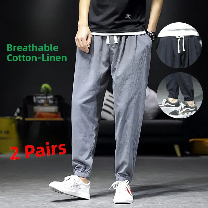 

Men's Summer Thin Cotton Linen Sports Pants Casual Loose Ice Silk Cuffed Pure Cotton Linen Nine Points Men's Pants