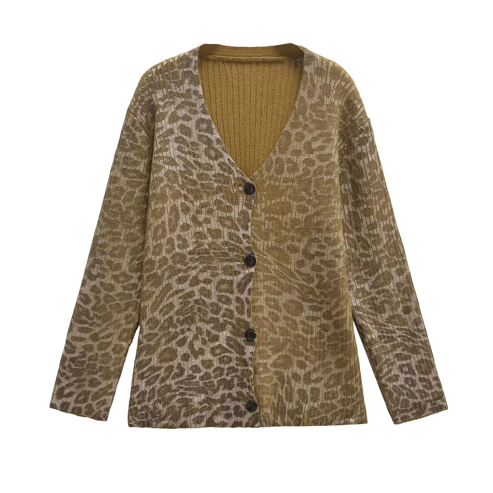 Withered Retro Leopard Print Knit Jacket Minimalist Fashion Basic Style Single Breasted Knit Cardigan Women Sweaters