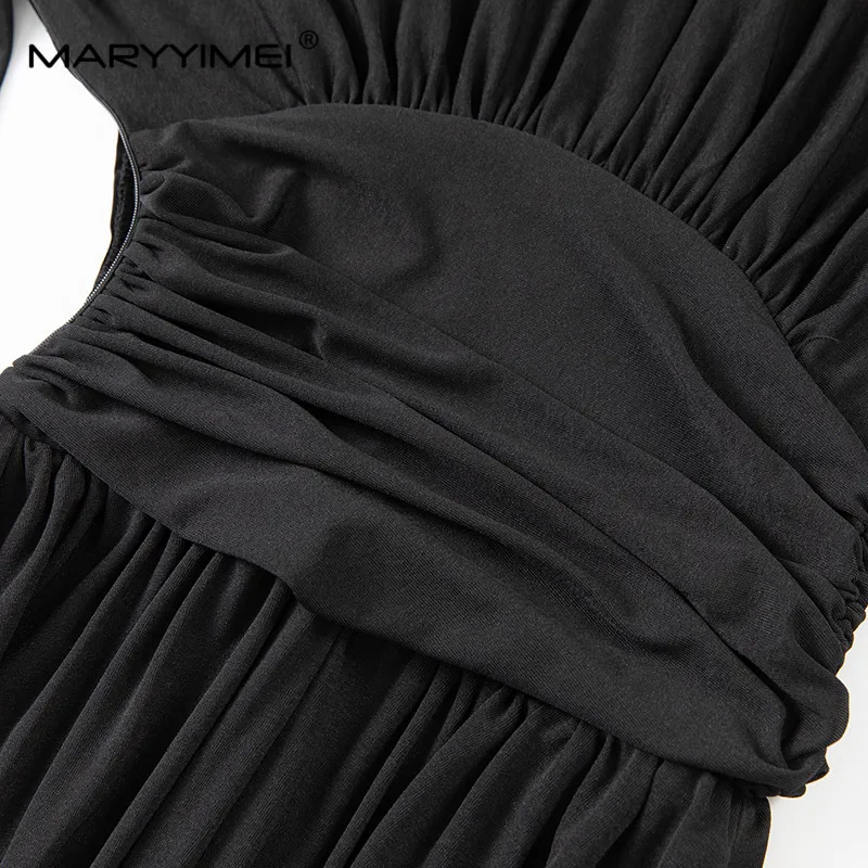 MARYYIMEI Autumn Winter Women\'s Dress Turtleneck Long Sleeved Design High Waiste Vintage Solid Color Dress