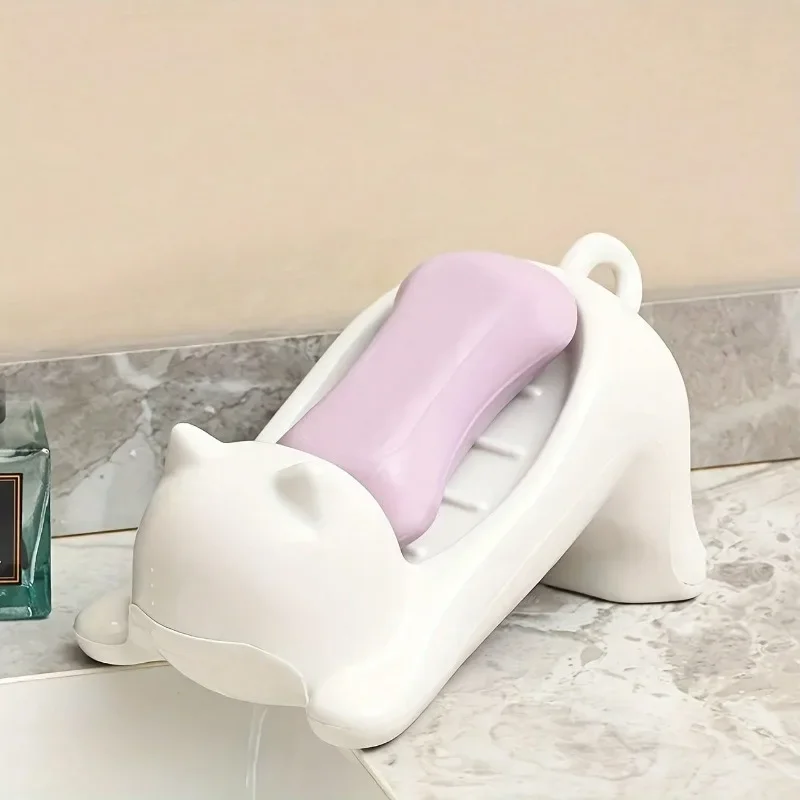 Cat Shaped Soap Holder Plastic Drainage Soap Tray Cute Bathroom Bar Soap Dish Toilet Storage Rack Multifunctional Home Bath